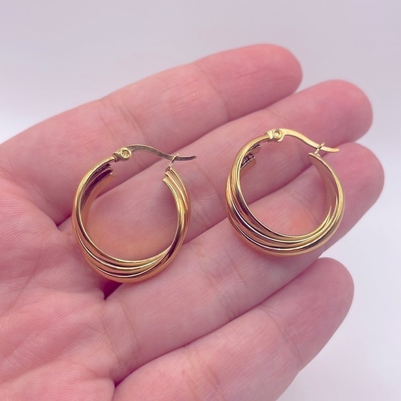 18k Gold Plated Triple Twisted Hoop Earrings - Picture 5 of 8